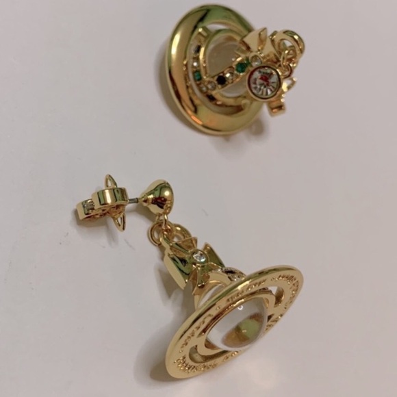 18k gold plated crystal signature Saturn Orb drop earrings new - Picture 6 of 8